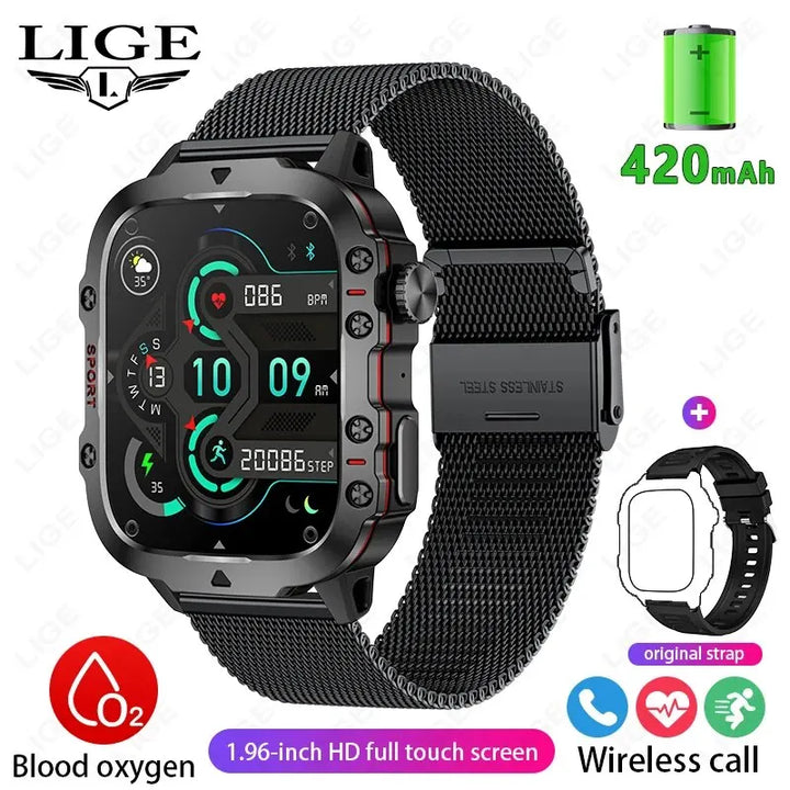 LIGE 1.96’’ Smartwatch – Bluetooth Call, Voice Assistant, Fitness & Waterproof