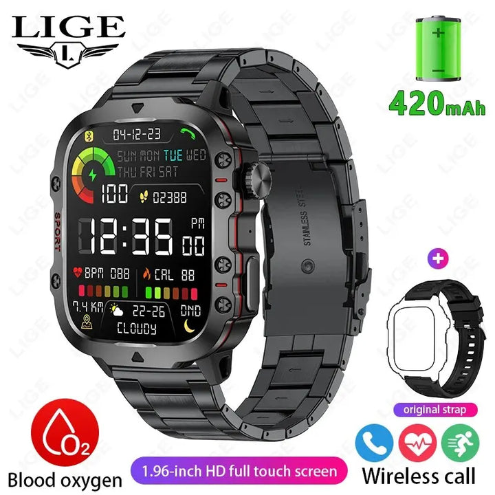 LIGE 1.96’’ Smartwatch – Bluetooth Call, Voice Assistant, Fitness & Waterproof